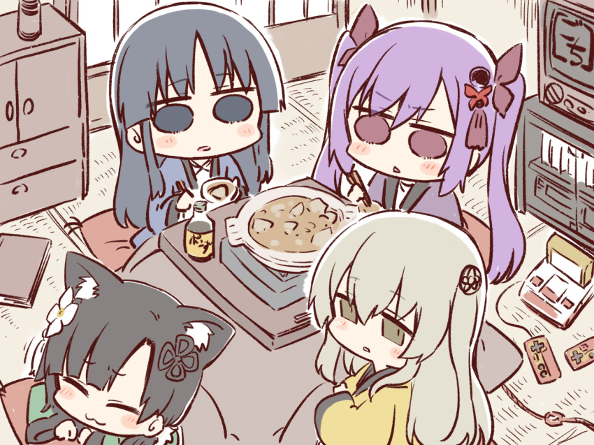 4girls :3 =_= animal_ear_fluff animal_ears artist_name assault_lily bangs black_hair blue_eyes blush book bottle bowl cabinet cat_ears cat_girl chibi chopsticks closed_mouth commentary_request controller cushion egawa_kusumi famicom famicom_cartridge famicom_gamepad flower flower_knot food from_above game_cartridge game_console game_controller gochisousama_(tanin050) grey_hair hair_between_eyes hair_flower hair_ornament hair_ribbon hand_up hands_up hanten_(clothes) holding holding_bowl holding_chopsticks indoors kemonomimi_mode kotatsu long_sleeves looking_at_another looking_to_the_side lying matsumura_fuuka motion_lines multiple_girls nabe on_floor on_stomach parted_lips pink_eyes pink_ribbon purple_hair ribbon sauce shirai_yuyu shirt shouji sidelocks sitting sliding_doors smile solid_circle_eyes table tassel tassel_hair_ornament television triangle_mouth twintails under_kotatsu under_table v-shaped_eyebrows wang_yujia white_flower white_shirt wide_sleeves yellow_eyes zabuton