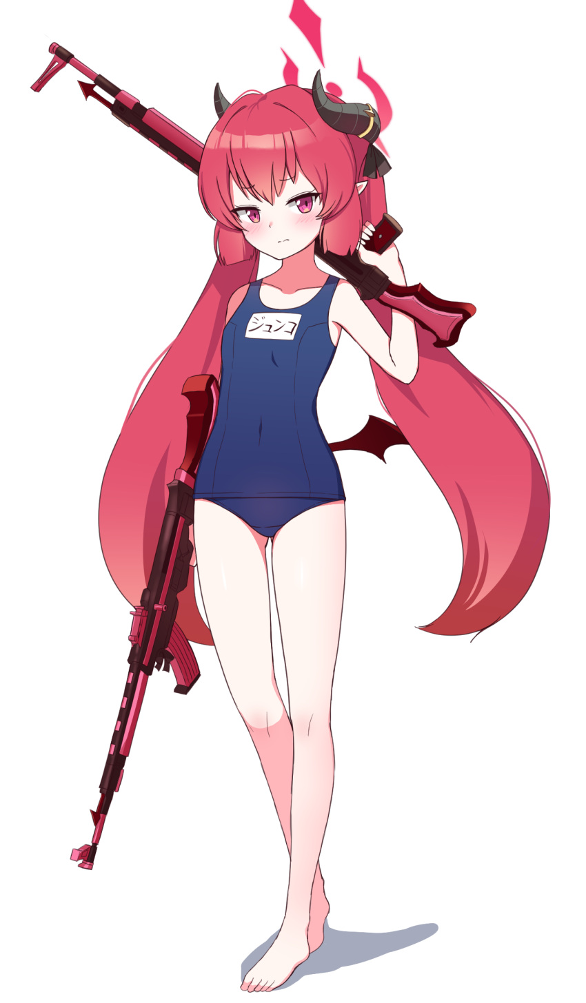 1girl alternate_costume assault_rifle bangs barefoot blue_archive blush character_name closed_mouth collarbone demon_horns demon_wings dual_wielding facing_viewer feet flat_chest full_body gun halo highres holding holding_gun holding_weapon horns junko_(blue_archive) legs long_hair looking_away looking_down nail_polish nanju_bami pink_eyes pointy_ears red_hair rifle school_swimsuit shadow simple_background sleeveless solo standing stg44 swimsuit thighs toenail_polish toenails toes twintails very_long_hair weapon white_background wings