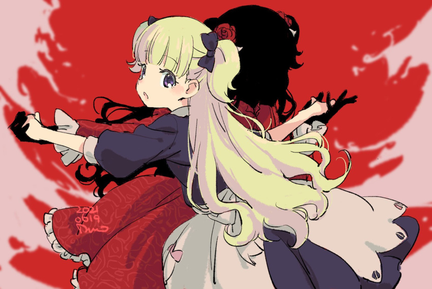 2girls apron bangs black_hair black_skin blonde_hair blue_bow blue_dress blunt_bangs blush bow colored_skin dancing dress emilico_(shadows_house) flower hair_bow hair_flower hair_ornament highres holding_hands imo_(suruga) kate_(shadows_house) long_hair long_sleeves multiple_girls open_mouth puffy_sleeves purple_eyes red_dress red_flower red_rose rose shadow_(shadows_house) shadows_house two_side_up white_apron