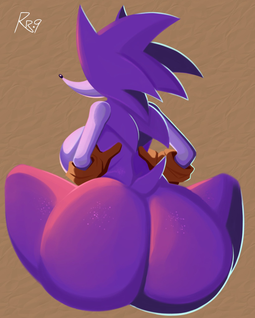 anthro big_breasts big_butt black_nose breasts butt clothing eulipotyphlan female friday_night_funkin' fur gloves hand_on_hip handwear hedgehog hi_res mammal nude purple_body purple_fur rear_view sarah_(needlemouse) sitting snesti09 solo thick_thighs wide_hips