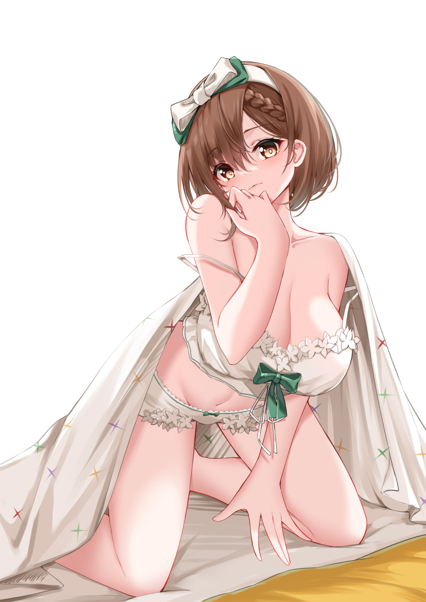 1girl absurdres atelier_(series) atelier_ryza atelier_ryza_1 atelier_ryza_2 azur_lane between_legs blanket bow braid braided_bangs breasts brown_eyes brown_hair camisole catnnn cleavage french_braid frilled_camisole frilled_panties frills hair_bow hairband hand_between_legs hand_up highres kneeling large_breasts official_alternate_costume panties reisalin_stout reisalin_stout_(late_night_alchemist) short_shorts shorts thick_thighs thighs underwear