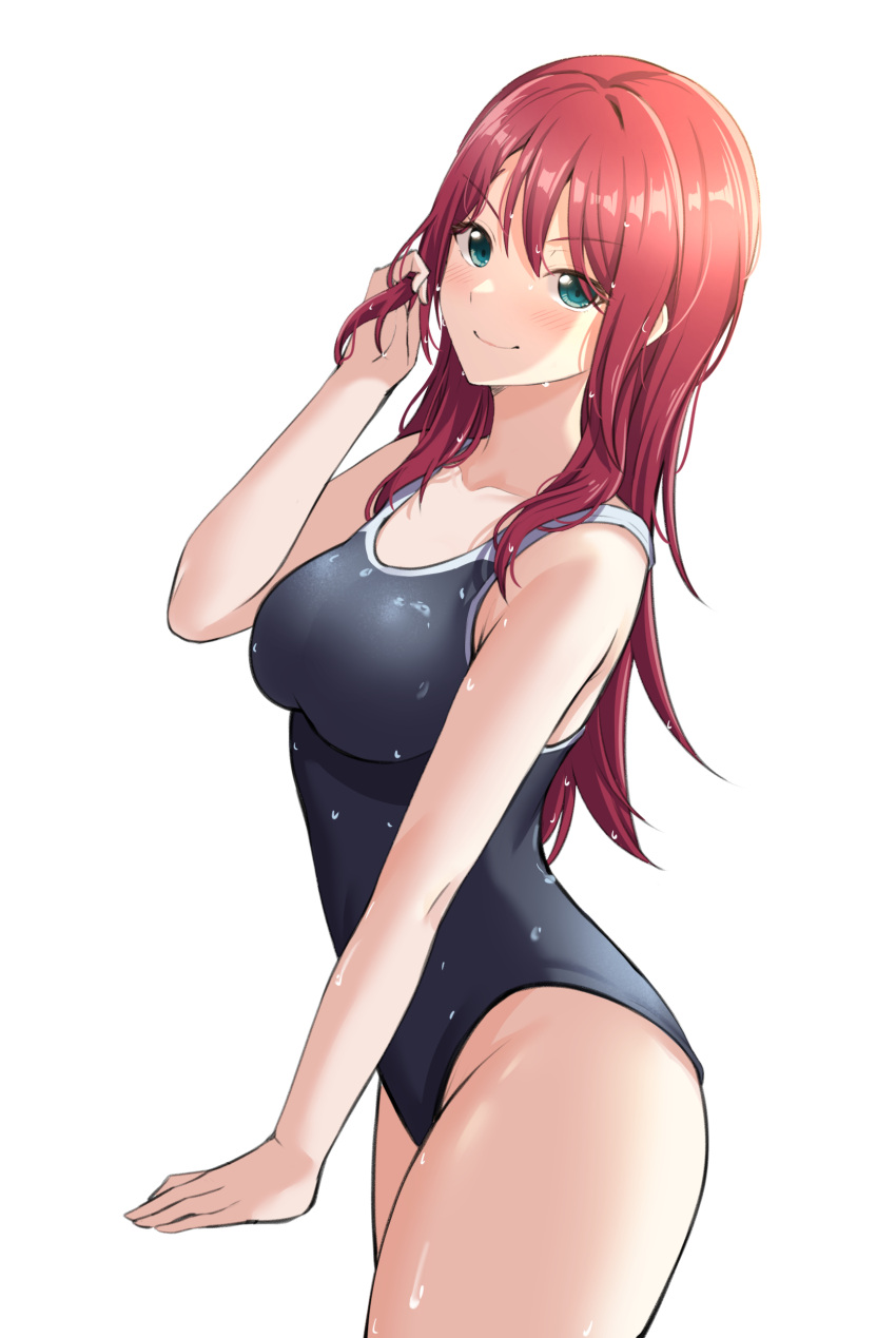 &gt;:) 1girl absurdres aqua_eyes armpit_crease bang_dream! bangs bare_arms bare_shoulders black_one-piece_swimsuit blush breasts closed_mouth collarbone commentary_request cowboy_shot from_side groin hair_between_eyes hand_up highres holding holding_hair large_breasts long_hair looking_at_viewer looking_to_the_side ptal red_eyes school_swimsuit sidelocks simple_background smile solo standing swimsuit udagawa_tomoe v-shaped_eyebrows water_drop wet wet_clothes wet_hair wet_swimsuit white_background