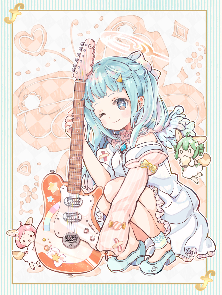 3girls absurdres animal_ears ankle_cuffs bangs blue_eyes blue_hair blush bow detached_collar dress electric_guitar fox_ears fox_girl fox_tail frilled_dress frills green_hair guitar hacosumi hair_bow hair_ornament hairclip half_updo high_heels highres instrument jewelry long_sleeves minigirl multiple_girls off-shoulder_dress off_shoulder one_eye_closed original pendant pink_hair short_hair sleeve_bow smile tail wings