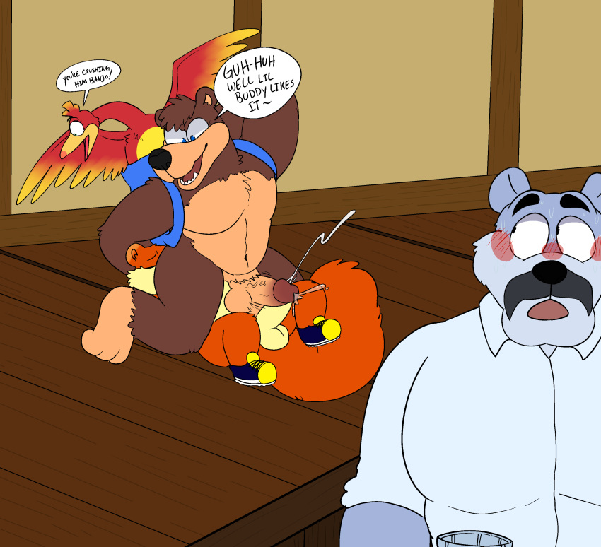 absurd_res anthro avian balls banjo-kazooie banjo_(banjo-kazooie) blue_eyes bodily_fluids clothing conker conker's_bad_fur_day cum cumshot digital_media_(artwork) duo ejaculation facesitting footwear footwear_only fur genital_fluids genitals hi_res kazooie male male/male mammal mostly_nude penis rareware rodent sciurid shoes shoes_only simple_background smile sstinkies ursid video_games