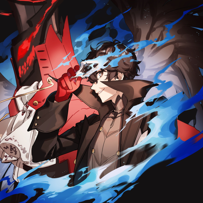 1boy absurdres amamiya_ren arsene_(persona_5) ascot black_eyes black_hair black_headwear black_jacket blue_fire buttons commentary fire gloves grey_shirt grin hat high_contrast highres holding holding_mask jacket long_sleeves looking_to_the_side mask messy_hair open_clothes open_jacket persona persona_5 persona_5_the_royal profile red_gloves red_jacket shirt short_hair smile top_hat tsubsa_syaoin turtleneck upper_body white_ascot white_mask
