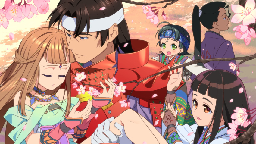 2boys 3girls ainu_clothes armor bangs black_hair blue_eyes blue_headband blunt_bangs brown_eyes brown_hair carrying cherry_blossoms choker closed_eyes detached_sleeves earrings falling_petals green_eyes headband highres japanese_armor japanese_clothes jewelry jun_(valkyrie_profile) kimono long_hair looking_afar looking_at_another multiple_boys multiple_girls nanami_(valkyrie_profile) open_mouth parted_bangs parted_lips petals ponytail princess_carry purple_kimono red_armor shiho_(valkyrie_profile) short_hair suo_(valkyrie_profile) valkyrie_profile white_headband yumei_(valkyrie_profile) yunde_(twez3727)