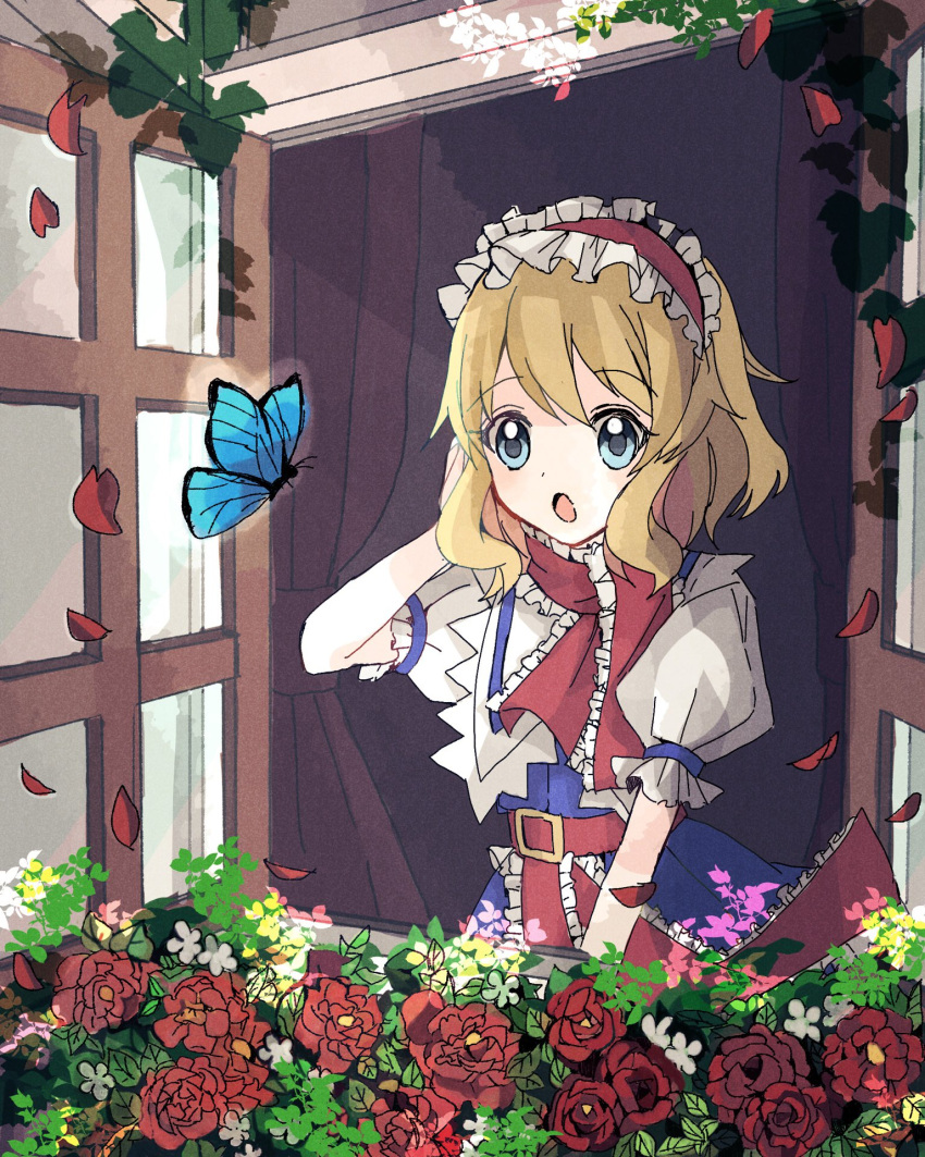 1girl :o alice_margatroid blonde_hair blue_butterfly blue_dress blue_eyes bug butterfly capelet dress flower frilled_hairband frilled_ribbon frilled_sleeves frills hair_between_eyes hairband highres indoors nauka open_mouth outdoors petals plant puffy_short_sleeves puffy_sleeves red_flower red_hairband red_ribbon red_rose ribbon rose short_hair short_sleeves solo touhou white_capelet window