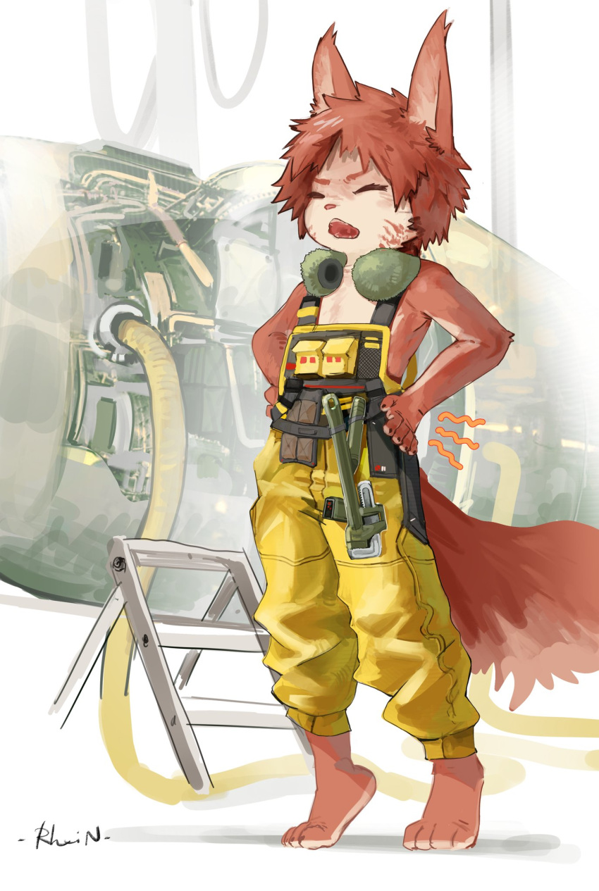 1boy aircraft airplane animal_ears barefoot closed_eyes commentary commentary_request earmuffs engine fox_boy fox_cub fox_ears fox_tail fueling furry furry_male hands_on_hips highres jet_engine ladder lirenans male_focus open_mouth original red_fur red_hair short_hair socket_wrench solo stretching tail tiptoes yellow_overalls