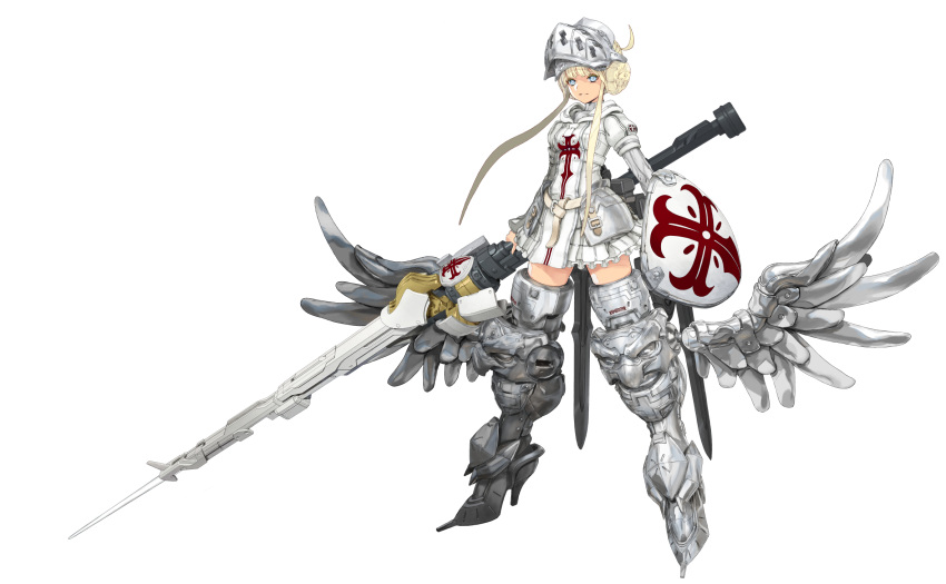 1girl armor blue_eyes box_art breasts dress full_body godz_order greaves head_tilt helmet highres holding holding_polearm holding_shield holding_weapon lance looking_at_viewer official_art polearm revision shield sidelocks small_breasts smile solo visor_(armor) weapon white_background white_dress winged_footwear yasuda_akira yuri_godbuster