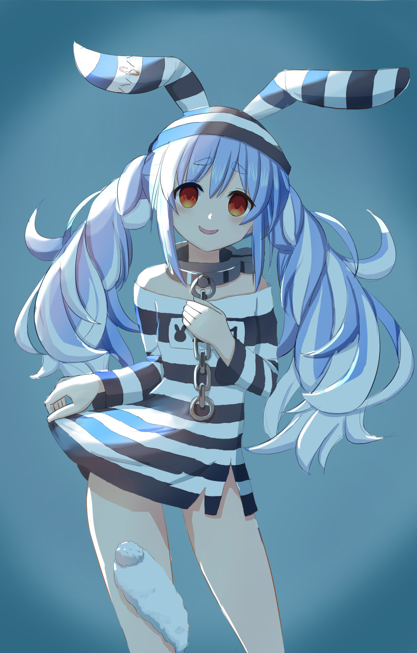 1girl absurdres animal_ears bangs blue_hair blush chain collar don-chan_(usada_pekora) dress empty_eyes hand_on_own_chest hat highres hololive long_hair looking_at_viewer metal_collar multicolored_hair off-shoulder_dress off_shoulder open_mouth prison_clothes rabbit_ears rukimi8787 safety_pin skirt_hold smile solo streaked_hair striped striped_dress striped_headwear thick_eyebrows torn_clothes torn_dress twintails two-tone_hair usada_pekora very_long_hair virtual_youtuber white_hair