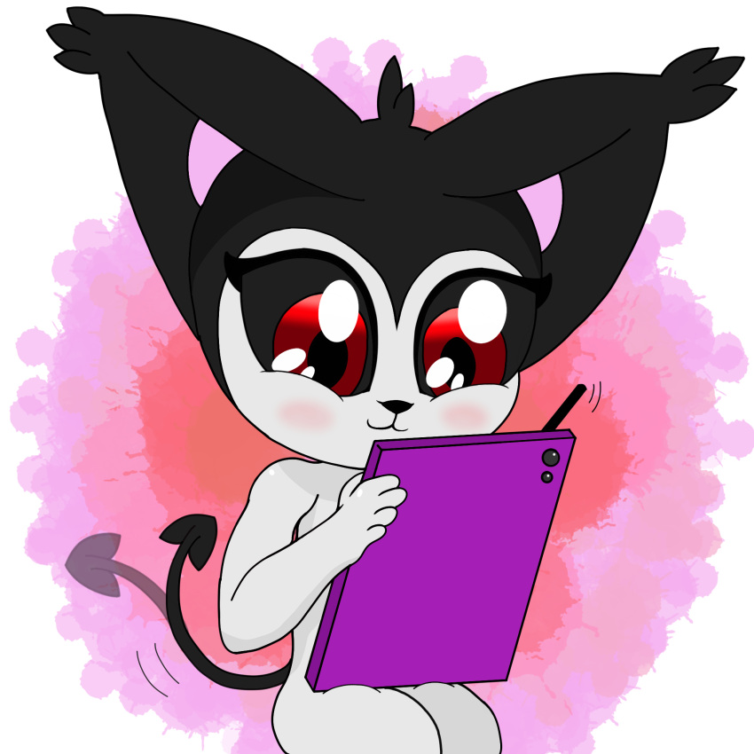 anthro black_body black_fur black_sclera cute_expression drawing ear_tuft espurrito felid feline female flat_chested forked_tail fur hi_res mammal red_eyes sitting solo tablet_pen tuft unusual_anatomy unusual_tail white_body young