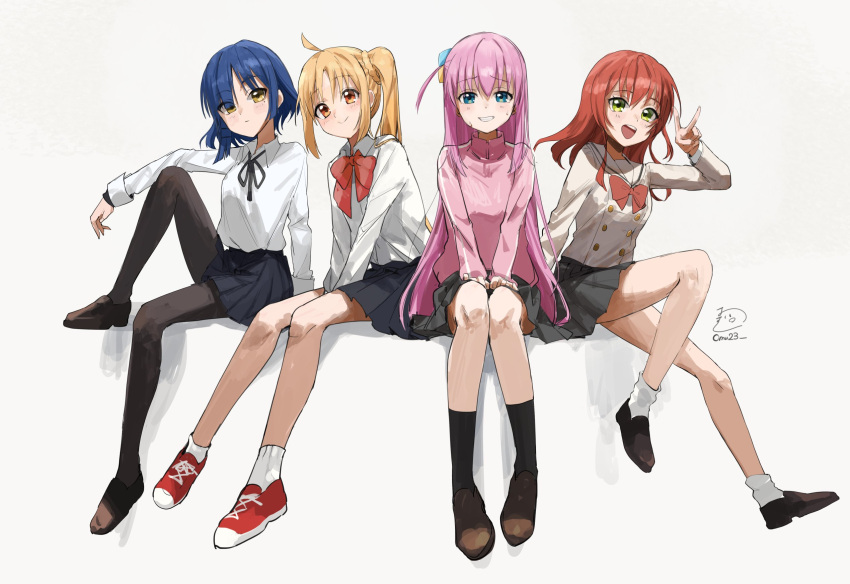 4girls ahoge bangs black_footwear black_ribbon black_skirt black_socks blonde_hair blue_eyes blue_hair blue_skirt bocchi_the_rock! bow brown_footwear chishibuki_hiyoko collared_shirt full_body gotou_hitori green_eyes grey_skirt hair_between_eyes hair_cubes hair_ornament hair_over_eyes highres ijichi_nijika jacket jersey kita_ikuyo loafers long_hair long_sleeves looking_at_viewer mole mole_under_eye multiple_girls neck_ribbon one_side_up open_mouth pantyhose pink_hair pink_jacket pleated_skirt red_bow red_eyes red_hair ribbon sailor_collar school_uniform shirt shirt_tucked_in shoes short_hair side_ponytail sidelocks simple_background sitting skirt smile socks track_jacket v white_sailor_collar white_shirt yamada_ryou yellow_eyes