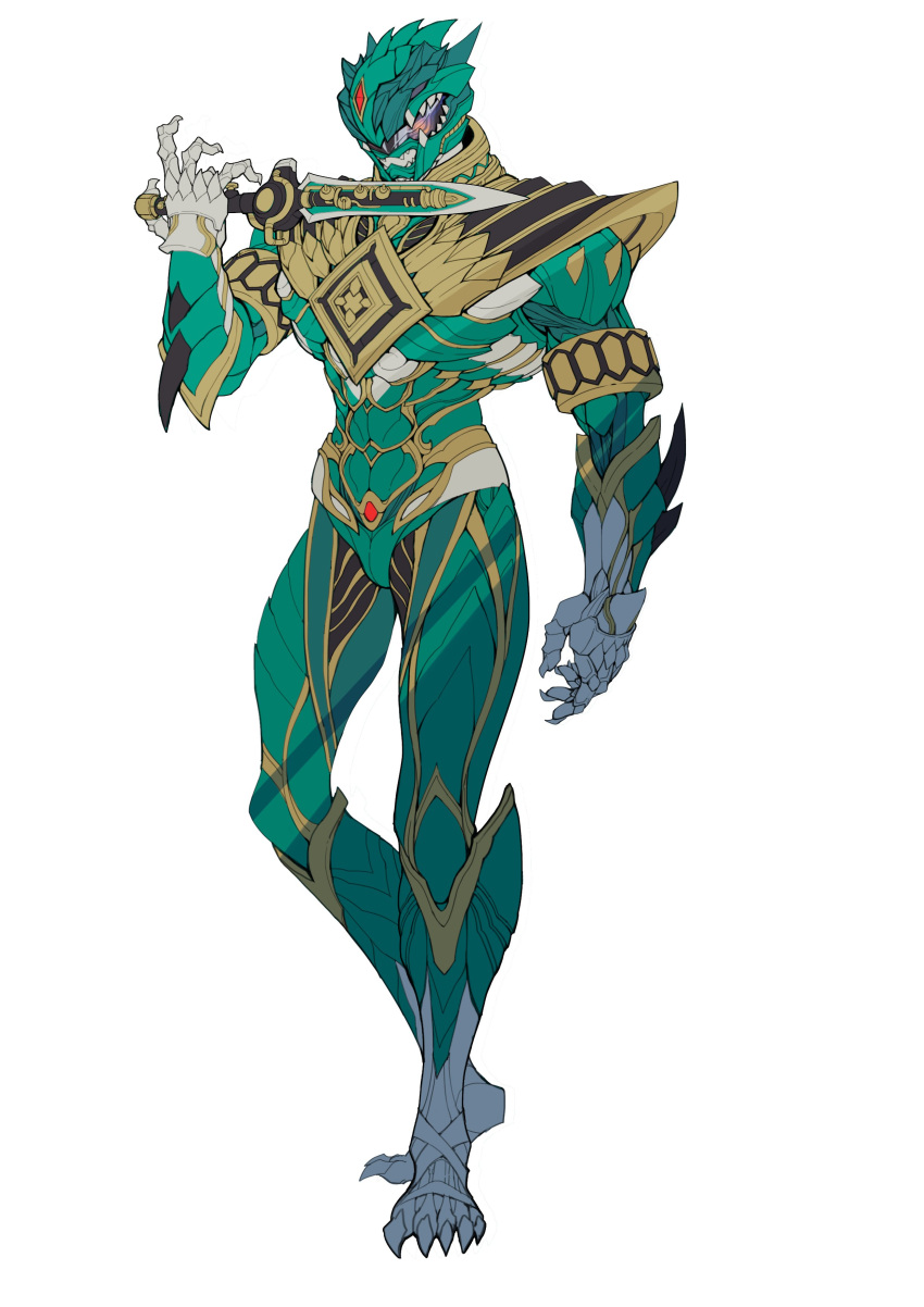 1boy absurdres animal_helmet armband armor bodysuit catball1994 clawed_boots clawed_gauntlets dagger dragon_ranger full_body green_bodysuit helmet highres holding holding_dagger holding_weapon knife kyouryuu_sentai_zyuranger reverse_grip shoulder_armor solo super_sentai tokusatsu weapon white_background