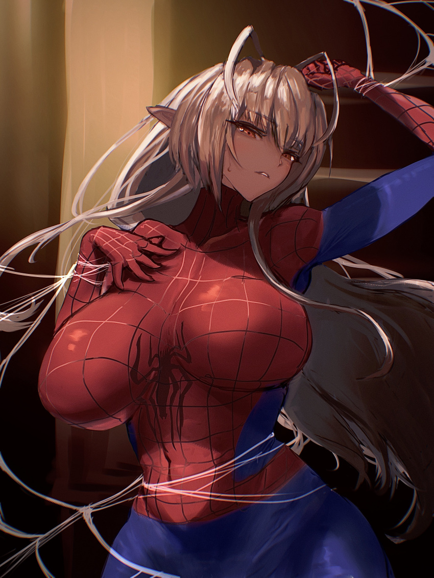 1girl absurdres alley antenna_hair arms_up breasts cosplay dark-skinned_female dark_elf dark_skin ehtuho elf hand_on_own_chest highres huge_breasts long_hair marvel orange_eyes pointy_ears sansei_muramasa silk skin_tight solo soukou_akki_muramasa spider-man spider-man_(cosplay) spider-man_(series) spider_web spider_web_print white_hair