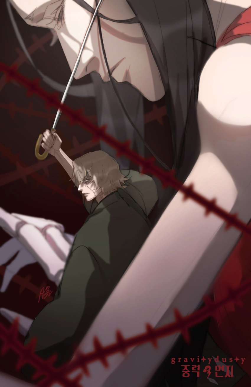 1boy 1girl artist_name bankai black_background bleach blonde_hair closed_eyes gravitydusty haori highres holding holding_sword holding_weapon japanese_clothes looking_at_viewer profile short_hair stitches sword urahara_kisuke weapon wide_sleeves