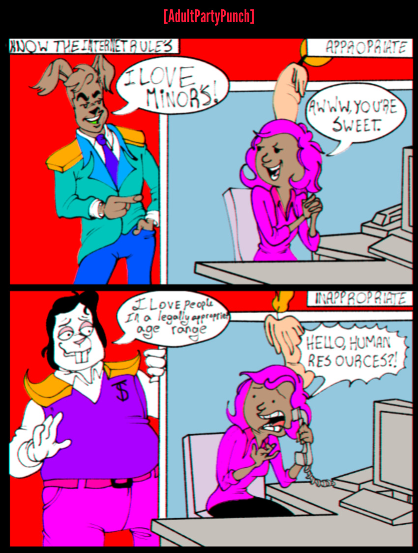 absurd_res adultpartypunch albino banana_salesman clothing comic cotton_candy_(smolbunnyxoxo) dialogue digital_media_(artwork) duo female fur gang_sign gangster group hi_res humor lagomorph leporid male mammal mentalbreze885 political_cartoon politics rabbit simple_background smolbunnyxoxo smolbunnyxoxo(parasite) suit tally_(clown) text trio white_body white_fur zoophobia