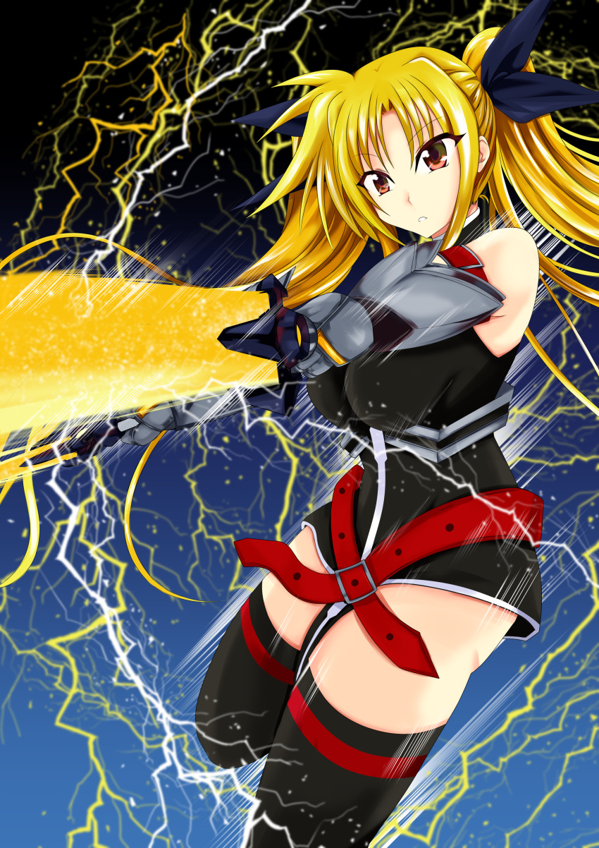 1girl absurdres bardiche bare_shoulders black_bow bow breasts energy fate_testarossa gauntlets hair_bow highres long_hair lyrical_nanoha mahou_shoujo_lyrical_nanoha_strikers medium_breasts parted_lips red_eyes solo thighhighs thighs twintails w00l_09