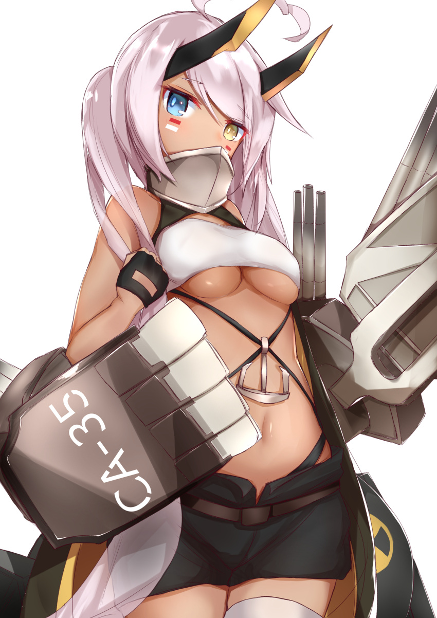 1girl absurdres ahoge azur_lane bangs black_gloves blue_eyes blush breasts clenched_hand clip_studio_paint_(medium) commentary_request covered_mouth cowboy_shot dark-skinned_female dark_skin facepaint fingerless_gloves gloves heart heart_ahoge heterochromia highres horns indianapolis_(azur_lane) long_hair looking_at_viewer mechanical_arms mechanical_horns midriff nanakaku navel nuclear_weapon pink_hair radiation_symbol rigging simple_background solo thighhighs turtleneck twintails underboob very_long_hair white_background white_bandeau white_thighhighs yellow_eyes