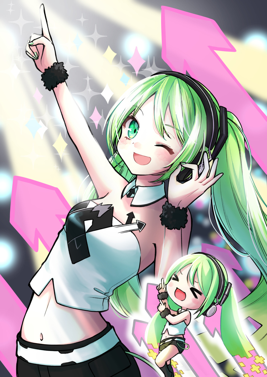 &gt;_&lt; 1girl :d absurdres ageage_again_(vocaloid) arm_up arrow_(symbol) bangs belt blush chibi crop_top dancing detached_collar digital_dissolve green_eyes green_hair hatsune_miku highres long_hair midriff nagitofuu nail_polish navel ok_sign one_eye_closed open_mouth pointing pointing_up shorts smile sparkle stage_lights strapless tube_top twintails very_long_hair vocaloid wrist_cuffs