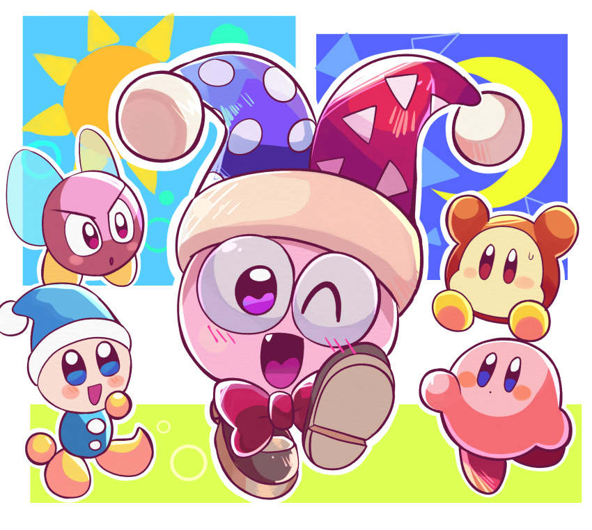 :d :o arms_up blue_eyes blush blush_stickers bow bronto_burt brown_eyes brown_footwear commentary_request crescent_moon day day_and_night fang full_body grass hat highres jester_cap kirby kirby's_return_to_dream_land kirby_(series) looking_at_viewer marx_(kirby) miru_(milusour) moon multicolored_clothes multicolored_headwear night night_sky no_humans one_eye_closed open_mouth pom_pom_(clothes) poppy_bros_jr purple_eyes red_bow red_footwear shoes sky smile sun sweatdrop waddle_dee yellow_footwear