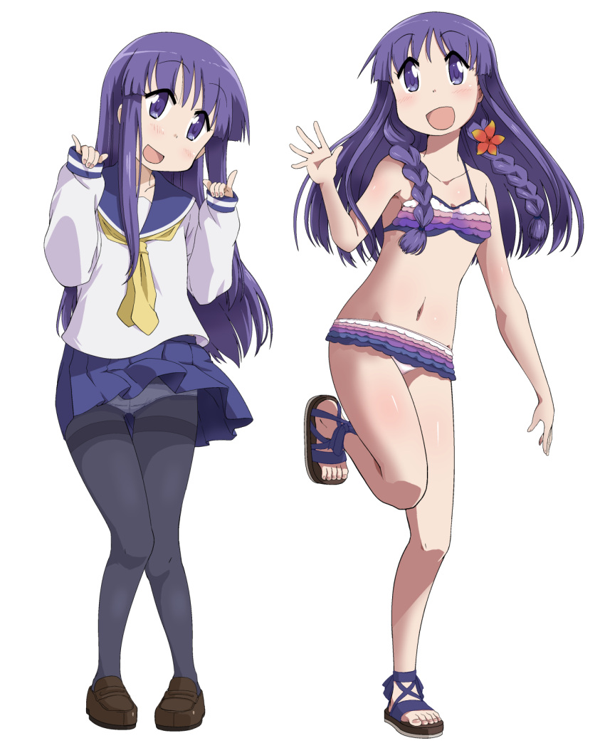 1girl bikini black_pantyhose blue_sailor_collar blue_skirt frilled_bikini frills full_body highres hinata_yukari ki_(adotadot) long_hair long_sleeves looking_at_viewer multicolored_bikini multicolored_clothes multiple_views neckerchief open_mouth panties panties_under_pantyhose pantyhose pleated_skirt purple_eyes purple_hair sailor_collar school_uniform shirt simple_background skirt swimsuit thighband_pantyhose underwear white_background white_panties white_shirt yellow_neckerchief yuyushiki yuyushiki's_school_uniform