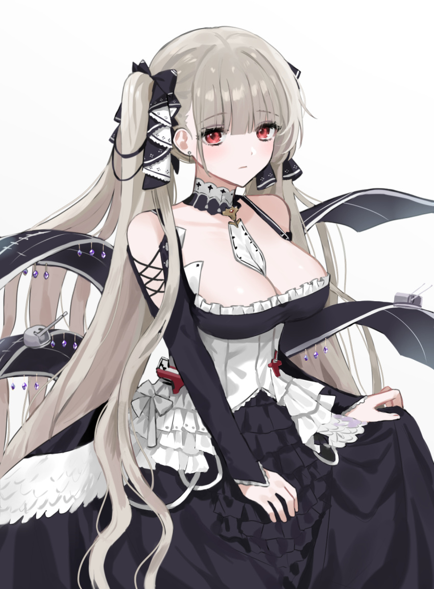 1girl azur_lane bangs blunt_bangs breasts choker cleavage collarbone commentary_request detached_sleeves flight_deck formidable_(azur_lane) grey_hair hair_ribbon highres kimu_(user_jtjr2257) long_hair long_sleeves looking_at_viewer machinery maid red_eyes ribbon sidelocks simple_background solo turret twintails white_background