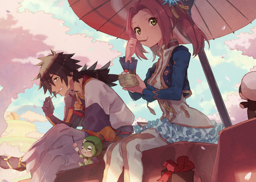 1boy 1girl bangs bienfu_(tales) black_hair boots brown_hair cherry_blossoms creature dango dress eating eleanor_hume food frilled_dress frills gloves green_eyes grin hair_ornament hair_over_one_eye hat ice_cream japanese_clothes long_hair looking_at_viewer normin_(tales) oil-paper_umbrella parted_bangs ponytail rokurou_rangetsu sitting smile tales_of_(series) tales_of_berseria thigh_boots thighhighs twintails umbrella urabe_(mstchan) wagashi yellow_eyes