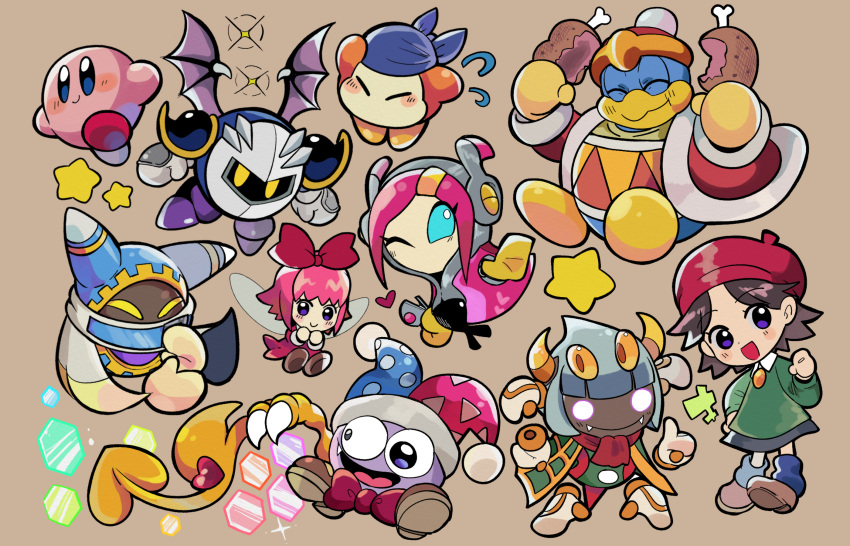 2boys 3girls adeleine armor bandana bandana_waddle_dee bat_wings beak beret blue_bandana blue_eyes blush blush_stickers boned_meat boots bow brown_background brown_footwear brown_hair cloak closed_eyes closed_mouth coat collared_dress commentary_request crazy_eyes dark_skin dress eating eyelashes eyes_in_shadow fairy fairy_wings fang fangs fangs_out flying_sweatdrops food full_body fur-trimmed_coat fur_trim gloves glowing glowing_eyes green_dress grey_hair hair_bow hat highres holding holding_food jester_cap king_dedede kirby kirby's_return_to_dream_land kirby:_planet_robobot kirby:_triple_deluxe kirby_(series) kirby_64 kirby_super_star long_sleeves magolor marx_(kirby) mask meat meta_knight miru_(milusour) multicolored_clothes multicolored_headwear multiple_boys multiple_girls one_eye_closed open_mouth pink_dress pink_hair pom_pom_(clothes) purple_eyes purple_footwear red_bow red_coat red_headwear red_scarf ribbon_(kirby) scarf shoes short_hair shoulder_armor simple_background smile solid_oval_eyes standing star_(symbol) susie_(kirby) taranza white_gloves wings yellow_eyes