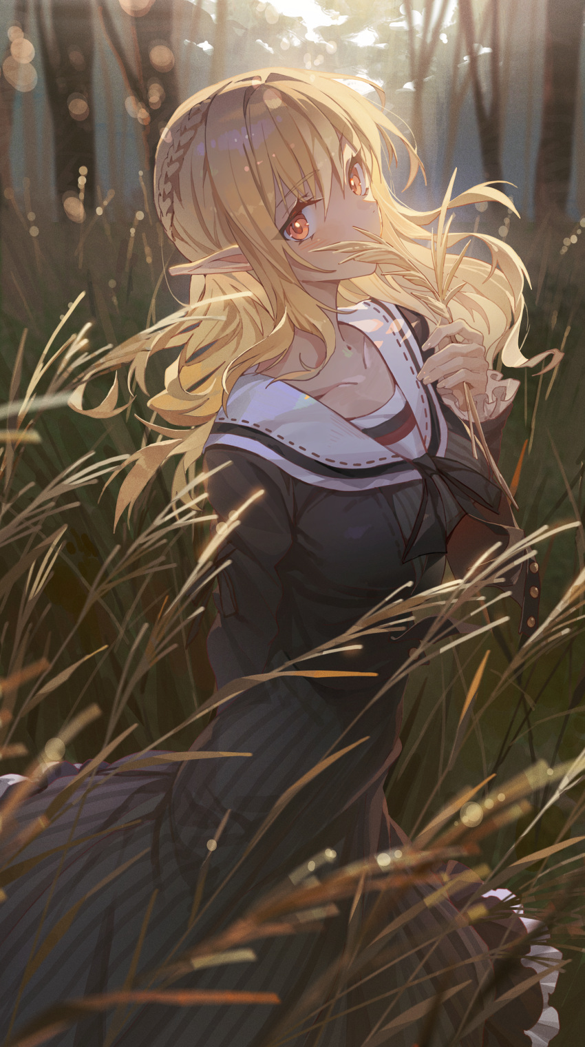 1girl absurdres arm_behind_back bangs black_ribbon blonde_hair blurry blurry_background blurry_foreground blush braid breasts collarbone covering_mouth dappled_sunlight depth_of_field dress feet_out_of_frame frilled_dress frills grey_dress grey_sky hair_flaps hair_over_shoulder highres holding hololive hxxg long_hair looking_at_viewer outdoors pointy_ears red_eyes ribbon sailor_collar shiranui_flare sidelocks small_breasts solo standing striped striped_dress sunlight vertical-striped_dress vertical_stripes virtual_youtuber wheat_field white_sailor_collar