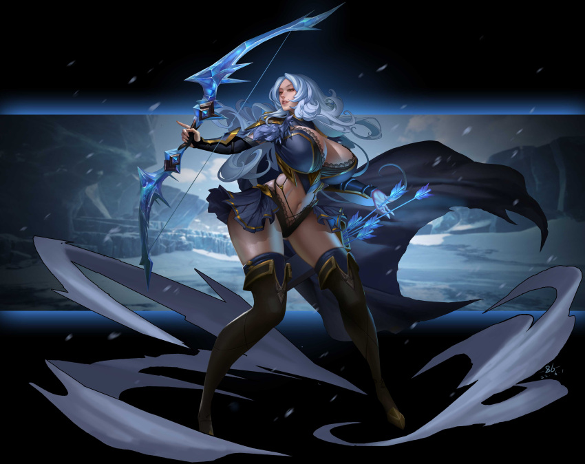 1girl 69_(86) absurdres armguards arrow_(projectile) blue_hair boots bow_(weapon) breasts brown_eyes cape copyright_request highleg highres holding holding_arrow huge_breasts lace_trim long_hair monochrome_background quiver revealing_clothes solo_focus thick_thighs thigh_boots thighs weapon wide_hips