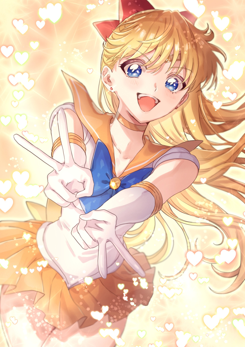 1girl absurdres aino_minako armlet bangs bishoujo_senshi_sailor_moon blonde_hair blue_bow blue_eyes bow choker earrings elbow_gloves floating_hair gloves gradient gradient_background hair_bow heart highres jewelry light light_particles long_hair looking_at_viewer loveodoro miniskirt open_mouth orange_choker orange_sailor_collar orange_skirt pleated_skirt reaching_towards_viewer red_bow sailor_collar sailor_senshi_uniform sailor_venus school_uniform serafuku shirt short_sleeves skirt solo stud_earrings teeth upper_teeth v white_gloves white_shirt