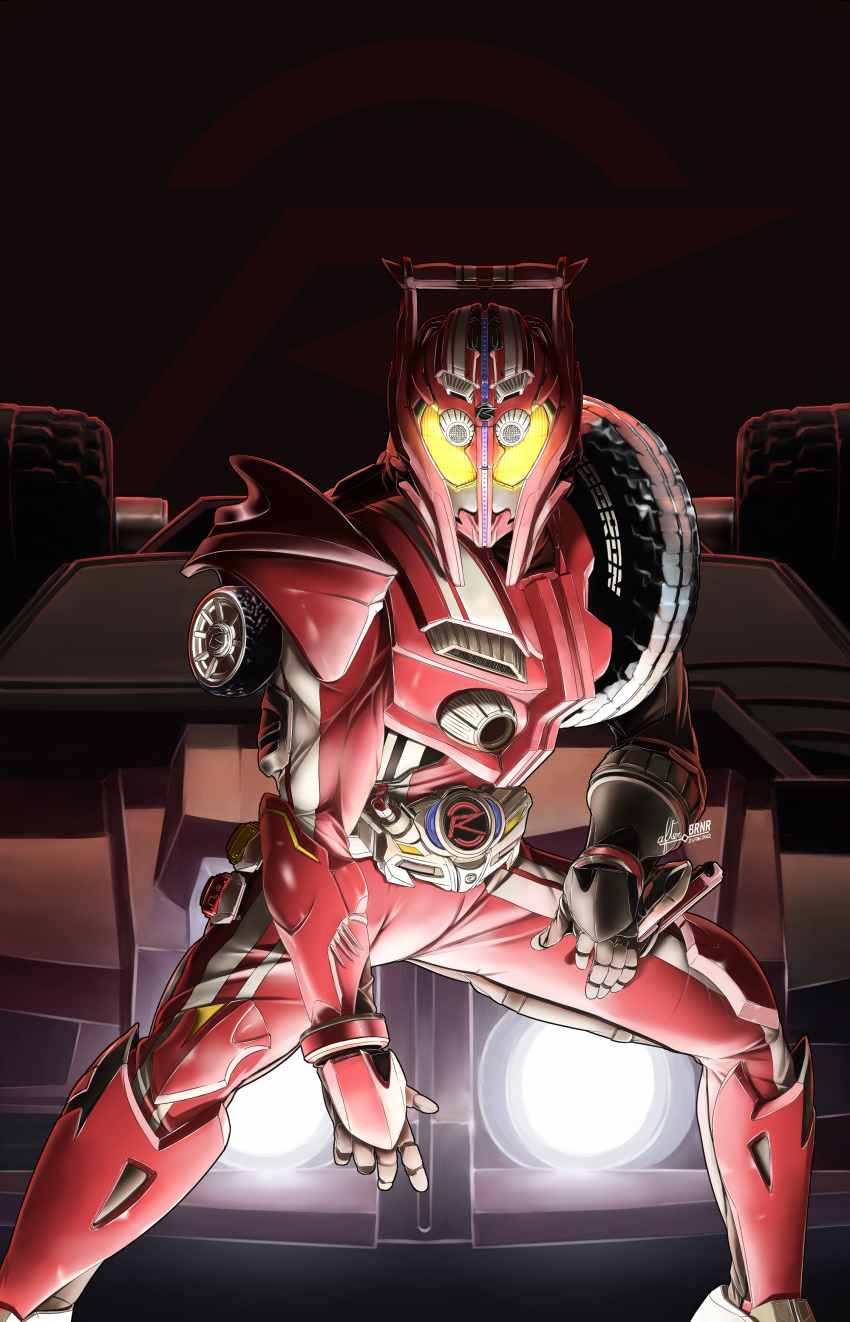 1boy absurdres afterbrnr artist_name car dated driver_(kamen_rider) glowing glowing_eyes ground_vehicle hand_on_own_thigh headlight highres kamen_rider kamen_rider_drive kamen_rider_drive_(series) male_focus motor_vehicle tire type_tridoron