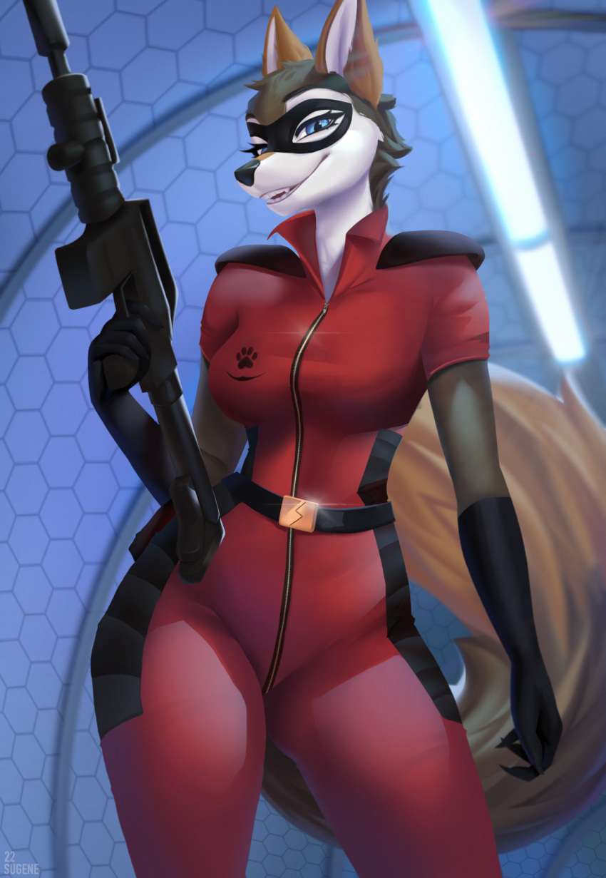 anthro automatic_rifle canid canine canis clothing female gloves gun handwear hi_res legend_of_ahya looking_at_viewer mammal mask murana_wolford_(darkflame-wolf) pinup pose ranged_weapon sexy_eyes solo suit suit_symbol sukiskuki vigilante weapon wide_hips wolf