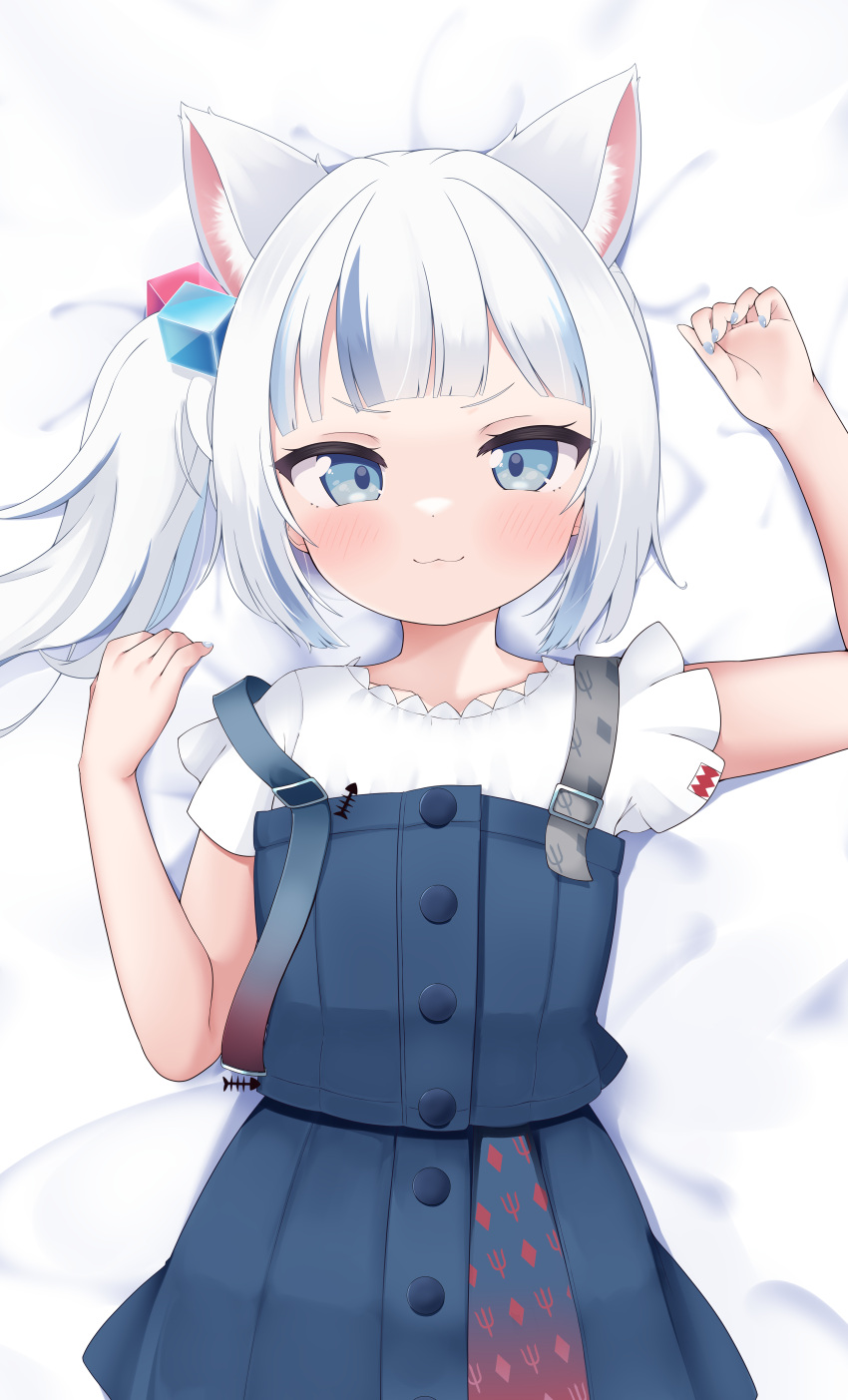 1girl :3 absurdres animal_ear_fluff animal_ears bangs blue_eyes blue_nails blue_skirt blunt_bangs blush buttons cat_ears closed_mouth cocozasa commentary_request extra_ears frilled_sleeves frills gawr_gura grey_hair hair_cubes hair_ornament hands_up highres hololive hololive_english looking_at_viewer lying multicolored_hair official_alternate_costume official_alternate_hairstyle on_back on_bed shirt short_hair short_sleeves side_ponytail sidelocks skirt skirt_set solo streaked_hair suspenders upper_body v-shaped_eyebrows virtual_youtuber white_shirt
