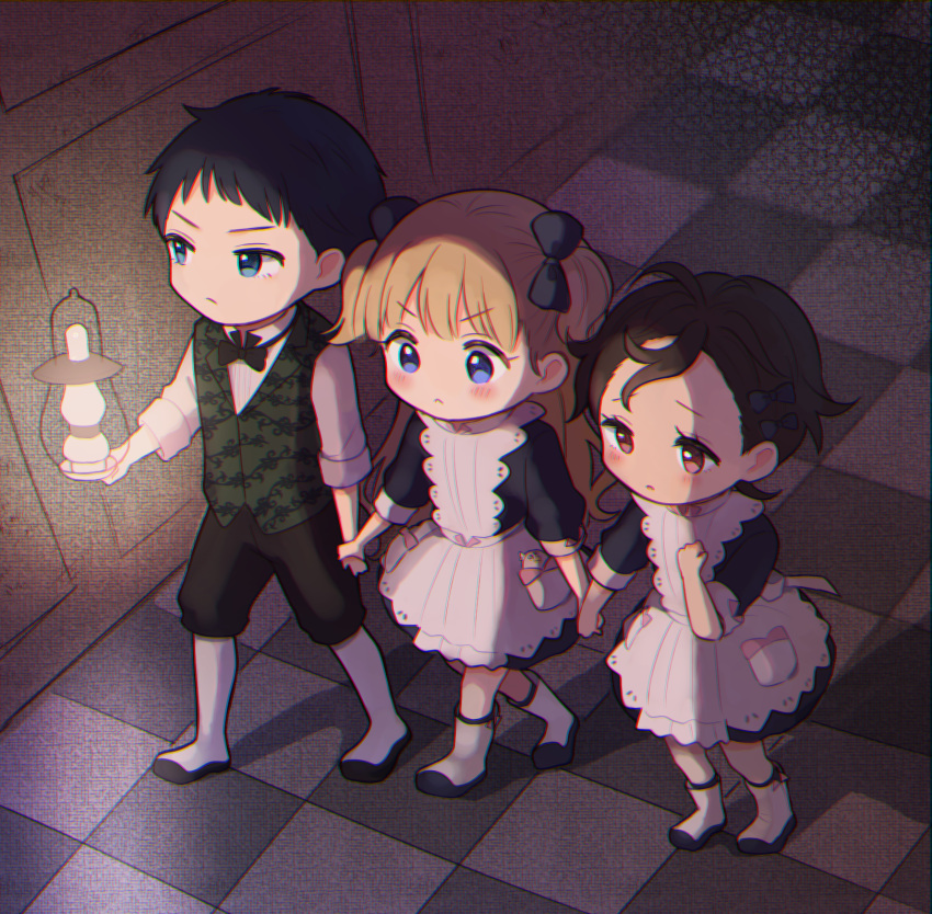 1boy 2girls apron bangs black_hair blonde_hair blue_bow blue_dress blue_eyes blunt_bangs blush bow checkered_floor chibi closed_mouth dress emilico_(shadows_house) full_body green_jacket hair_bow highres holding holding_hands indoors jacket lantern long_hair looking_to_the_side mametarou_(mameji) multiple_girls pants ram_(shadows_house) red_eyes shadows_house shaun_(shadows_house) shirt shoes short_hair two_side_up walking white_apron white_shirt