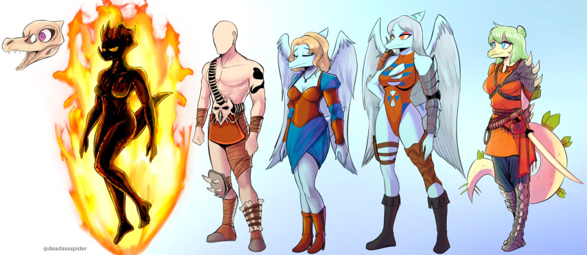 3_horns 5_fingers alternate_costume amber_eyes animated_skeleton annah_of_the_shadows_(planescape) anon_(snoot_game) anthro armor big_wings blue_eyes bone boots breasts bustier ceratopsian cleavage clothed clothing crossover dak'kon_(planetscape) deadassspider dinosaur dromaeosaurid elemental_creature eyes_closed faceless_character faceless_human faceless_male fall_from_grace_(planescape) fang_(gvh) feathered_wings feathers female fingers fire fire_creature floating_skull footwear glowing glowing_eyes goodbye_volcano_high group hi_res horn human ignus_(planetscape) knee_highs legwear leotard lineup long_tail male mammal melee_weapon morte_(planescape) multi_horn muscular muscular_human muscular_male ornithischian planescape_(franchise) plantigrade pterodactylus pterosaur purple_eyes reed_(gvh) reptile samantha_(snoot_game) scalie simple_background skeleton skull spikes spikes_(anatomy) stegosaurian stegosaurus stella_(gvh) sword the_nameless_one_(planescape) theropod thyreophoran triceratops trish_(gvh) undead velociraptor weapon wings