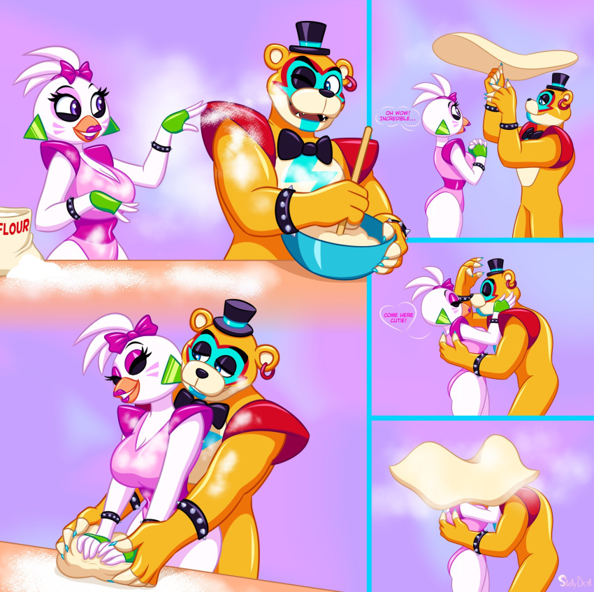 accessory anthro avian bird bow_ribbon bow_tie chicken clothing dialogue duo ear_piercing ear_ring female five_nights_at_freddy's five_nights_at_freddy's:_security_breach flour galliform gallus_(genus) glamrock_chica_(fnaf) glamrock_freddy_(fnaf) hair_accessory hair_bow hair_ribbon hat headgear headwear hi_res kissing leotard male male/female mammal phasianid piercing pizza_dough ribbons ring_piercing scottgames skeletonguys-and-ragdolls top_hat ursid video_games