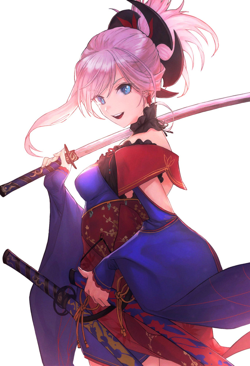 1girl bangs blue_eyes blue_kimono breasts commentary_request earrings fate/grand_order fate_(series) hair_ornament highres holding holding_sword holding_weapon japanese_clothes jewelry katana kimono long_hair looking_at_viewer medium_breasts miyamoto_musashi_(fate) obi otsukemono pink_hair ponytail sash sheath sheathed simple_background single_sidelock smile solo swept_bangs sword teeth upper_teeth weapon white_background