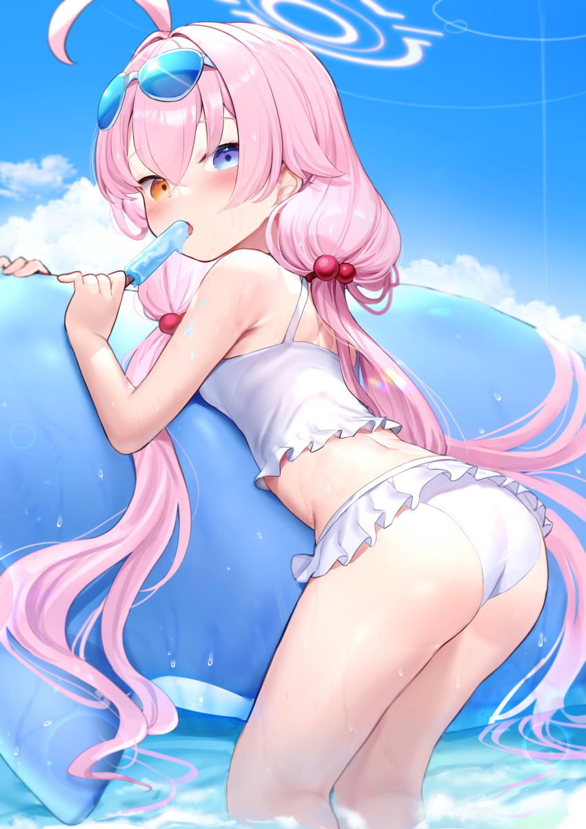1girl absurdres ahoge bare_shoulders bikini blue-tinted_eyewear blue_archive blue_sky blush bra day eating eyewear_on_head food frilled_bikini frills hair_bobbles hair_ornament halo heterochromia highres holding_ice_cream hoshino_(blue_archive) hoshino_(swimsuit)_(blue_archive) ice_cream inflatable_toy inflatable_whale long_hair looking_at_viewer low_twintails ocean official_alternate_costume open_mouth outdoors panties pink_hair popsicle sky solo somray sunglasses swimsuit tinted_eyewear twintails underwear white-framed_eyewear white_bikini