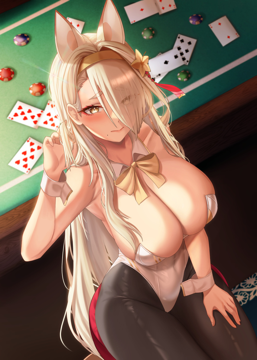 absurdres animal_ears black_pantyhose blue_archive bow bowtie breasts card cleavage closed_mouth detached_collar epko eyes_visible_through_hair fox_ears hair_over_one_eye highres kaho_(blue_archive) large_breasts looking_at_viewer mole pantyhose playboy_bunny playing_card poker_chip sitting thighs wrist_cuffs yellow_bow yellow_bowtie