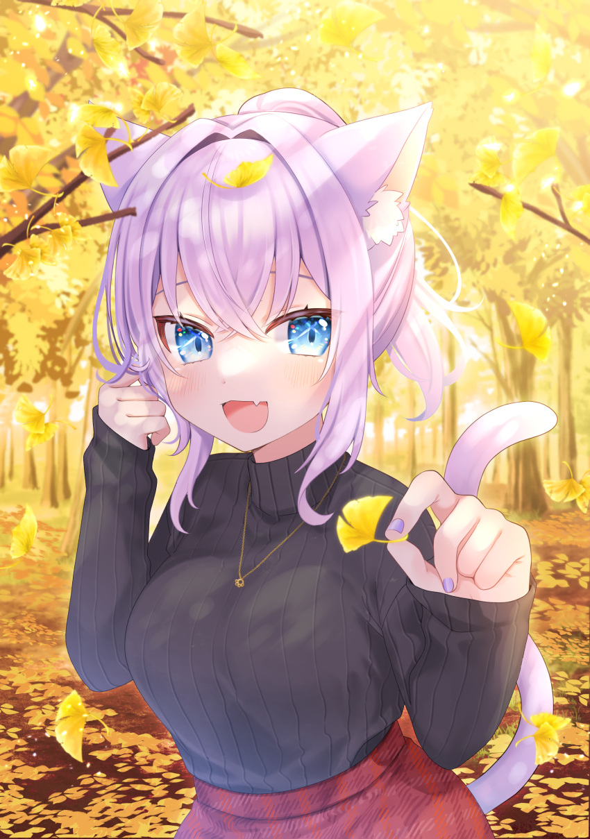 1girl :3 absurdres alternate_eye_color alternate_hairstyle animal_ear_fluff animal_ears autumn autumn_leaves bangs black_sweater blue_eyes breasts casual cat_ears cat_tail crossed_bangs eyebrows_hidden_by_hair fang forest ginkgo ginkgo_leaf gold hair_between_eyes hair_intakes hamura_hm highres hololive jewelry large_breasts leaf light_blush long_sleeves looking_at_viewer medium_hair nature necklace nekomata_okayu open_mouth outdoors paw_ornament plaid plaid_skirt purple_hair purple_nails ribbed_sweater short_ponytail sidelocks skirt sleeves_past_wrists smile solo sweater sweater_tucked_in tail tsurime turtleneck turtleneck_sweater upper_body virtual_youtuber x_x