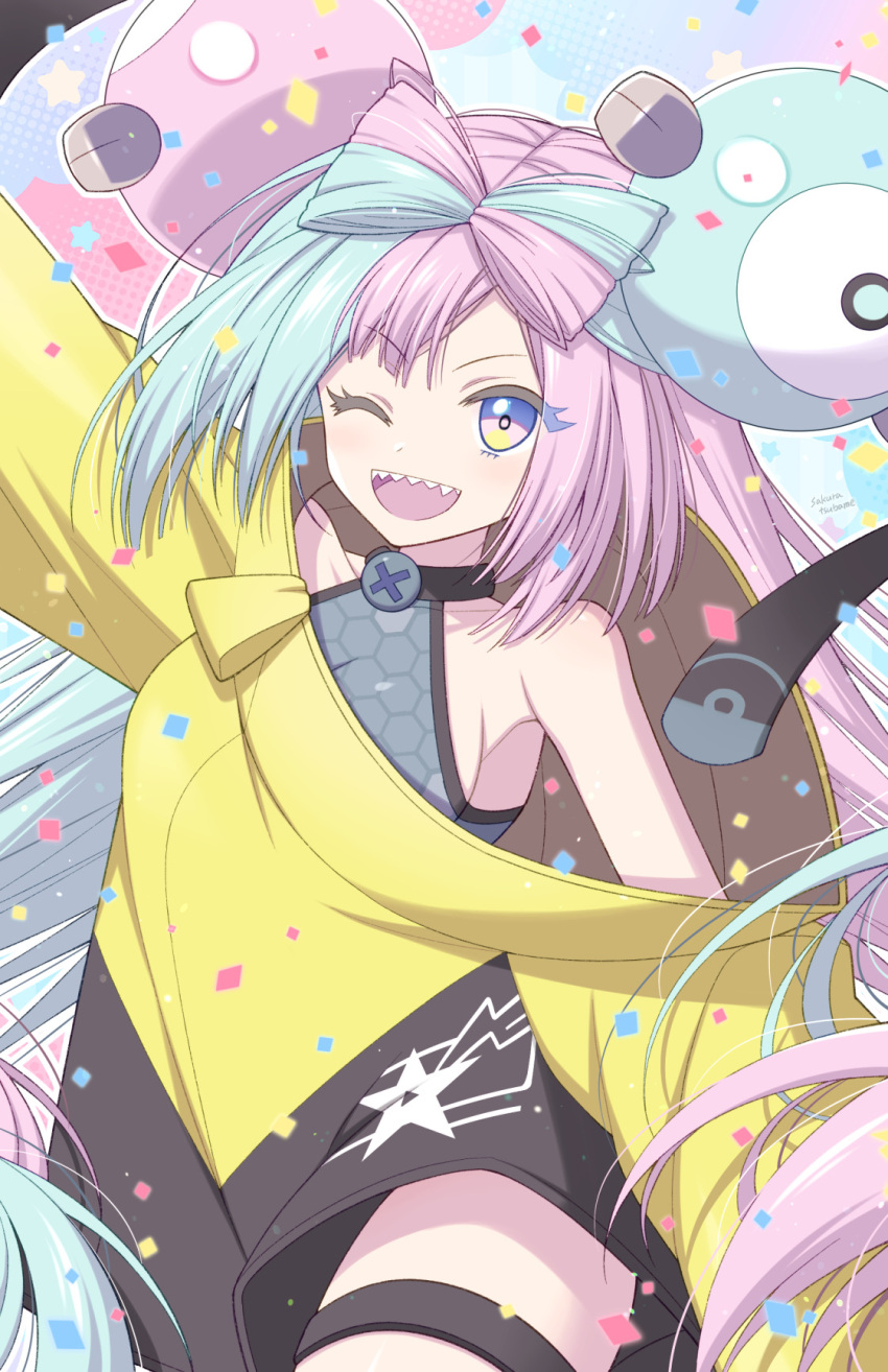 1girl bangs bare_shoulders black_shorts blue_hair blush bow-shaped_hair breasts character_hair_ornament grey_eyes hair_ornament highres iono_(pokemon) jacket light_blue_hair long_hair long_sleeves looking_at_viewer low_twintails medium_breasts multicolored_hair one_eye_closed open_mouth pink_hair pokemon pokemon_(game) pokemon_sv sakura_tsubame sharp_teeth shorts sleeves_past_fingers sleeves_past_wrists smile solo split-color_hair teeth twintails yellow_jacket