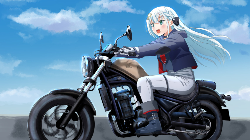 1girl :d black_choker blue_hair blue_jacket blue_sky choker commission day driving from_side gloves green_eyes ground_vehicle hair_ornament hood hood_down hooded_jacket indie_virtual_youtuber ishii_hisao jacket long_hair making-of_available motor_vehicle motorcycle open_clothes open_jacket outdoors pants riding shairu_(vtuber) skeb_commission sky smile solo star_(symbol) star_hair_ornament virtual_youtuber white_gloves white_pants