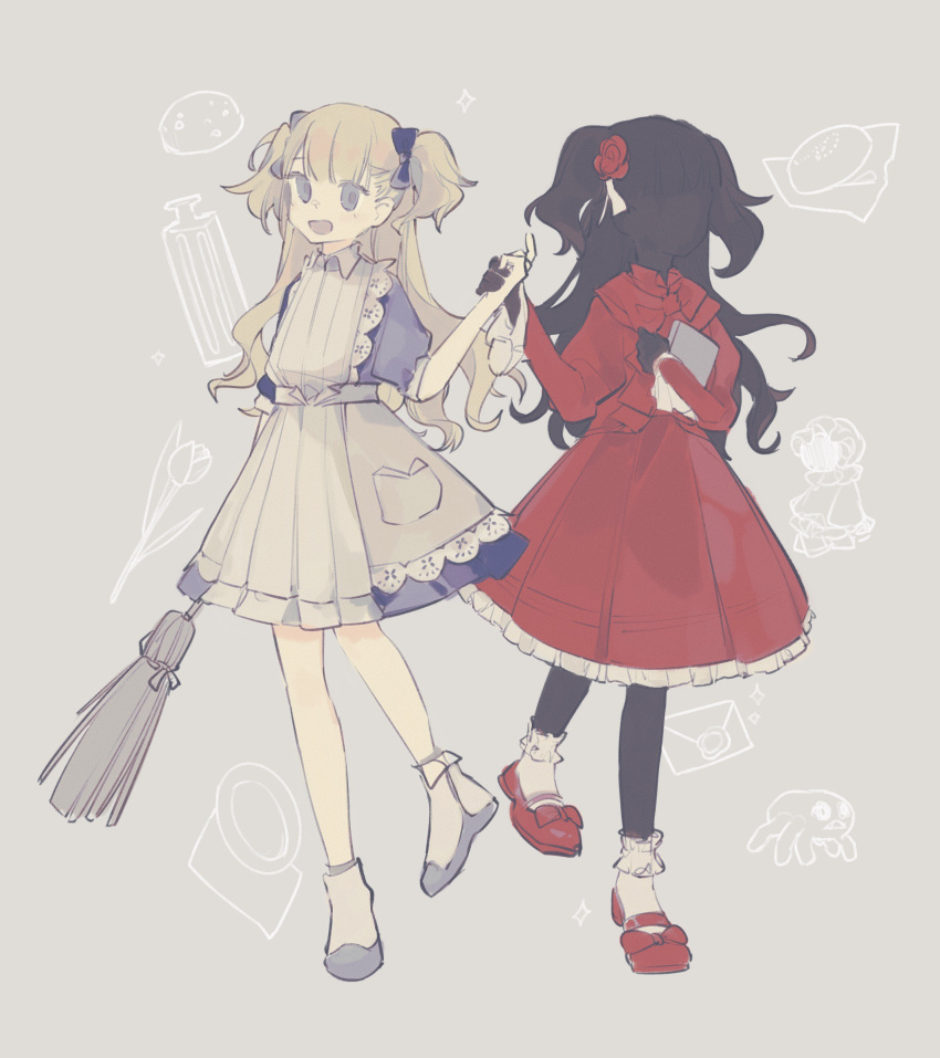 2girls apron bangs black_hair black_skin blonde_hair blue_bow blue_dress blue_eyes blunt_bangs bow chagaodian253 colored_skin dress emilico_(shadows_house) flower full_body hair_bow hair_flower hair_ornament highres holding_hands kate_(shadows_house) long_hair long_sleeves multiple_girls open_mouth red_dress red_flower red_rose rose shadow_(shadows_house) shadows_house smile two_side_up white_apron