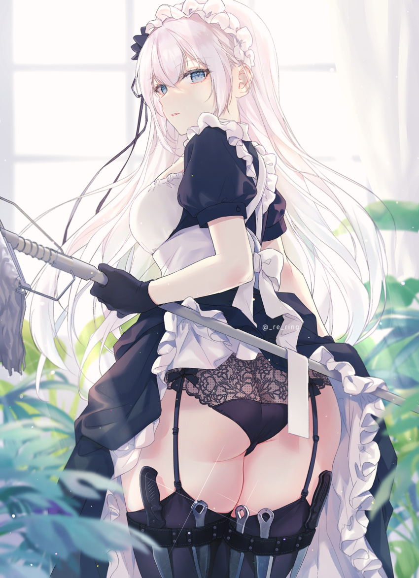 1girl apron ass back_bow backlighting bangs black_bow black_dress black_gloves black_panties black_thighhighs blue_eyes blush bow clothes_lift commentary_request commission concealed_weapon dagger dress dress_lift from_behind garter_straps gloves highres indoors knife leg_belt lifted_by_self long_hair long_sleeves looking_at_viewer looking_back maid maid_headdress original panties parted_lips pixiv_request plant revision shirt_lift short_sleeves silltare skirt solo thighhighs twitter_username underwear very_long_hair waist_apron weapon white_apron white_bow white_hair window