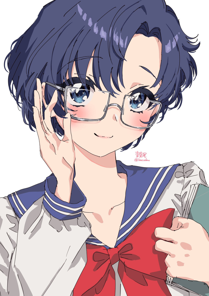 adjusting_eyewear artist_name bangs bishoujo_senshi_sailor_moon blue_eyes blue_hair blue_sailor_collar blush book bow collarbone dark_blue_hair glasses grey-framed_eyewear hand_on_eyewear highres holding holding_book light_blush long_sleeves loveodoro mizuno_ami parted_bangs red_bow sailor_collar sailor_mercury school_uniform semi-rimless_eyewear short_hair simple_background sleeve_cuffs smile solo twitter_username under-rim_eyewear white_background