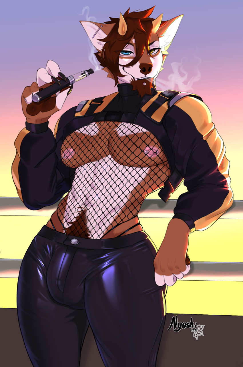 absurd_res anthro barbell_piercing bedroom_eyes body_hair bottomwear brown_body brown_fur brown_hair brown_pawpads bulge canid canine canis cheek_tuft clothing crop_top crop_top_jacket curved_horn domestic_dog drew_dubsky ear_piercing facial_hair facial_piercing facial_tuft fur goatee gradient_background hair half-closed_eyes happy_trail heterochromia hi_res horn inviting leather leather_bottomwear leather_clothing leather_pants lip_piercing looking_at_viewer male mammal mesh_shirt mesh_top multicolored_body multicolored_fur muscle_tone muscular muscular_anthro muscular_male narrowed_eyes nipple_barbell nipple_piercing nipples nyushi_(artist) pants pawpads paws pecs piercing seductive shirt simple_background smile smirk smoking smug smug_face smug_grin solo thong topwear tuft two_tone_body two_tone_fur underwear vape_pen white_body white_fur