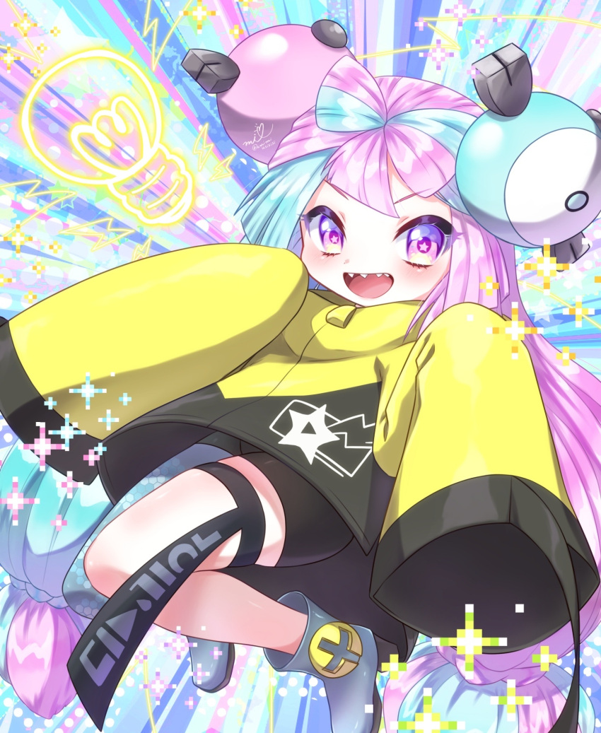 1girl aije bow-shaped_hair character_hair_ornament grey_pantyhose hair_ornament hexagon_print highres iono_(pokemon) jacket long_hair low-tied_long_hair multicolored_hair oversized_clothes pantyhose pokemon pokemon_(game) pokemon_sv sharp_teeth single_leg_pantyhose sleeves_past_fingers sleeves_past_wrists split-color_hair star_(symbol) star_in_eye symbol_in_eye teeth very_long_sleeves x yellow_jacket