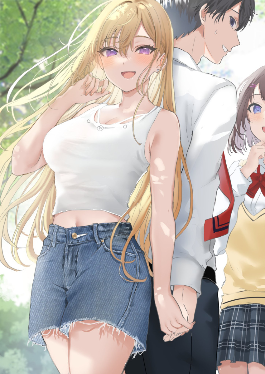 1boy 2girls bare_shoulders blonde_hair blush breasts character_request cleavage cutoffs denim denim_shorts earrings floating_hair ga_bunko hair_between_eyes hair_intakes hamu_(plot_sy) highres holding_hands jewelry large_breasts long_hair looking_at_viewer midriff_peek multiple_girls open_mouth original outdoors purple_eyes shirt short_shorts shorts smile tank_top white_shirt