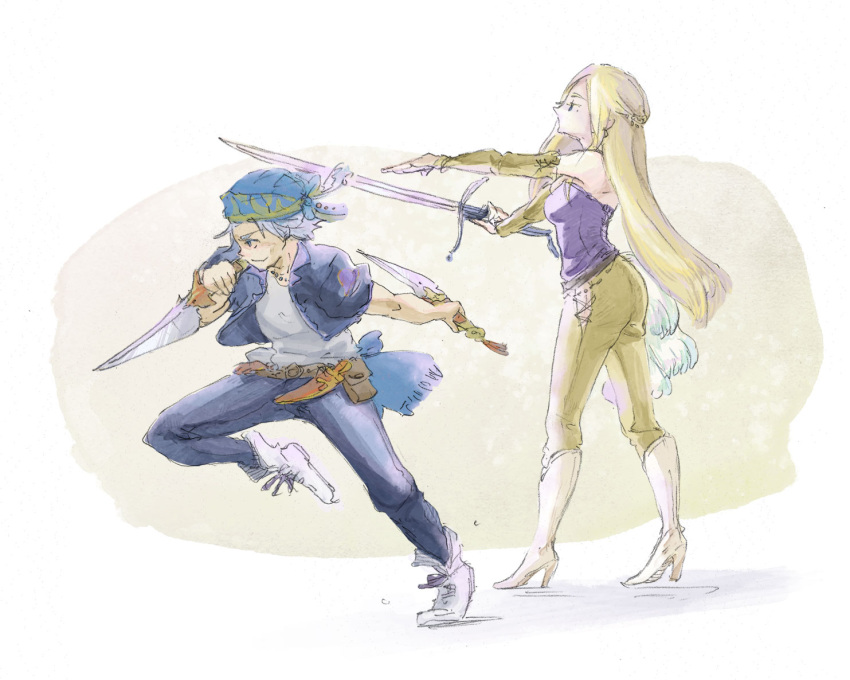 1boy 1girl ass bandana bangs belt belt_pouch blonde_hair blue_jacket blue_pants blue_shirt cape celes_chere dagger detached_sleeves dual_wielding final_fantasy final_fantasy_vi hatomugi_oekaki hip_vent holding holding_dagger holding_sword holding_weapon jacket knife lock_cole long_hair pants pouch shirt short_hair sleeveless sleeveless_shirt sword waist_cape wavy_hair weapon yellow_pants